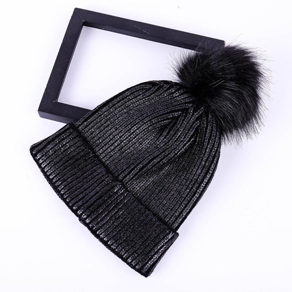 Black Beanie Metallic Foil with Pom Pom